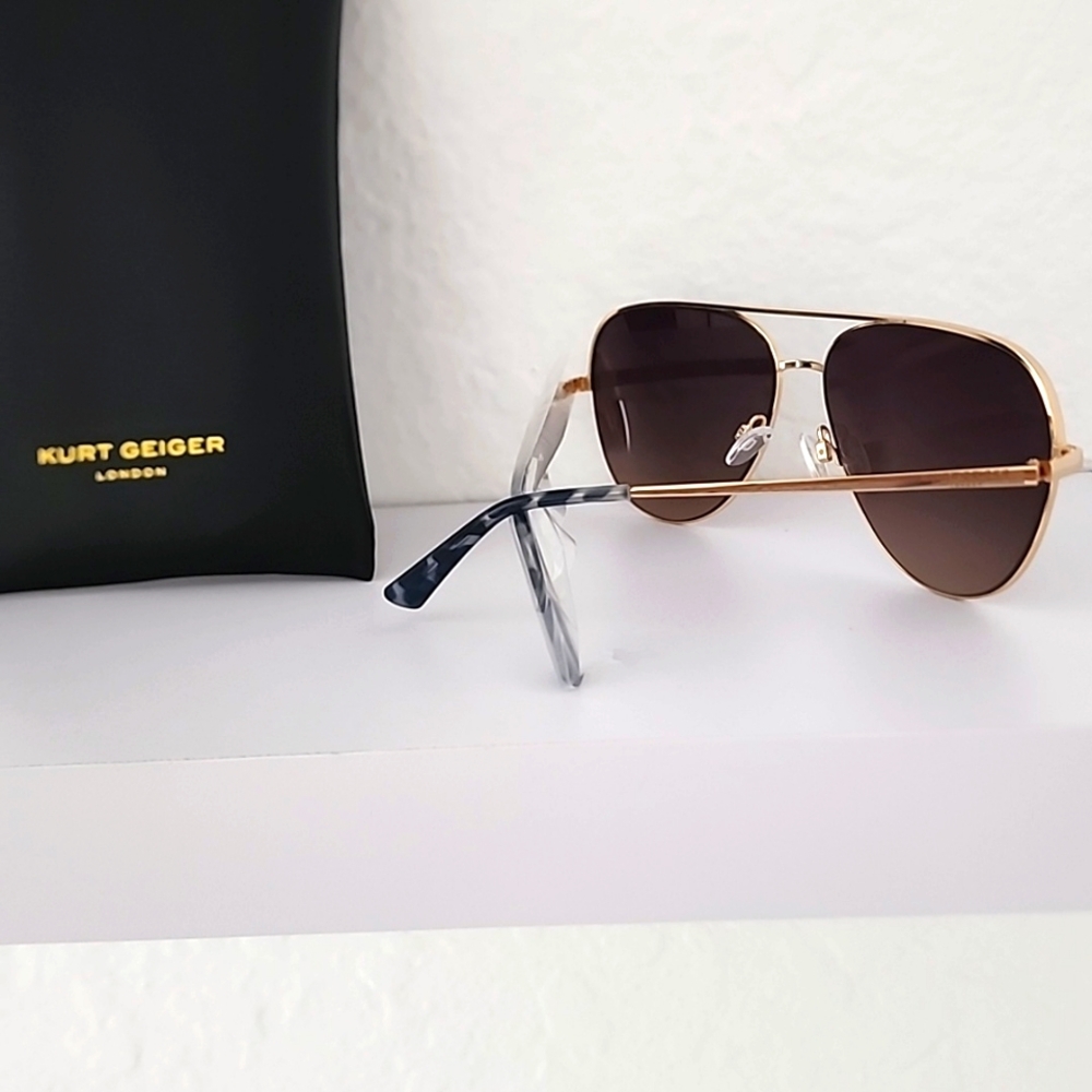 Kurt Geiger Women's New London 64mm Gold Blue Havana/Brown Aviator Sunglasses. - Picture 3 of 10